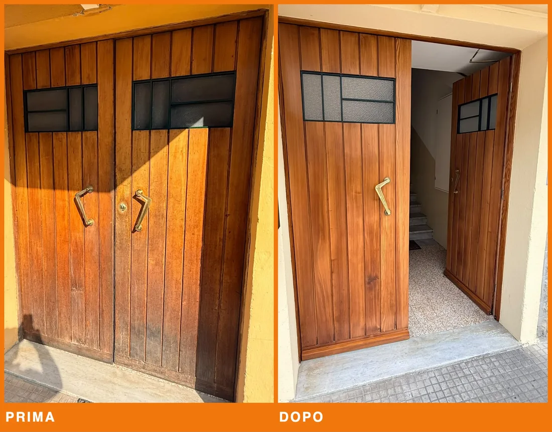 Portone d'ingresso in legno, confronto prima e dopo il restauro